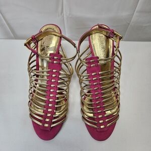 Lauren Ralph Lauren Pink and Gold "Skyla" Gladiator High Heel Leather Sandals